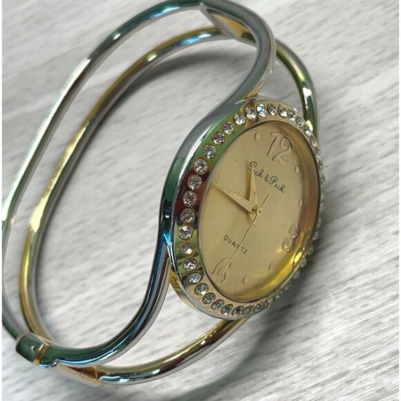 Womens Bracelet Watch Cuff Peck & Peck Light Gold Tone w/ Rhinestone Accents - Picture 7 of 8